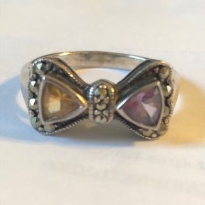 Amethyst & citrine silver bow ring size 7